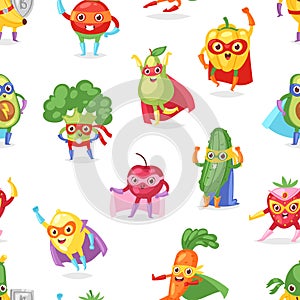 Superhero fruits vector fruity cartoon character of super hero expression vegetables with funny banana carrot or pepper