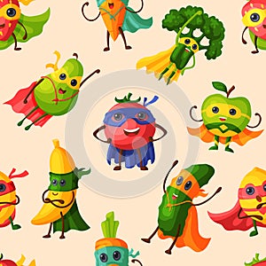 Superhero fruits vector fruity cartoon character of super hero expression vegetables with funny apple banana or pepper