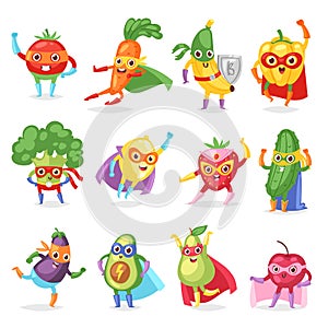 Superhero fruits vector fruity cartoon character of super hero expression vegetables with funny banana carrot or pepper