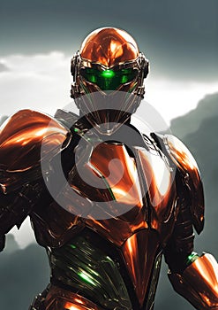 Superhero in full body armor, fantasy futuristic image of future soldier in shiny metal suit. Generative Ai