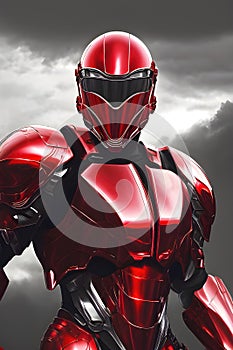 Superhero in full body armor, fantasy futuristic image of future soldier in shiny metal suit. Generative Ai