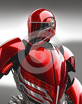 Superhero in full body armor, fantasy futuristic image of future soldier in shiny metal suit. Generative Ai