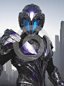 Superhero in full body armor, fantasy futuristic image of future soldier in shiny metal suit. Generative Ai