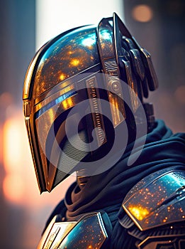 Superhero in full body armor, fantasy futuristic image of future soldier in shiny metal suit. Generative Ai