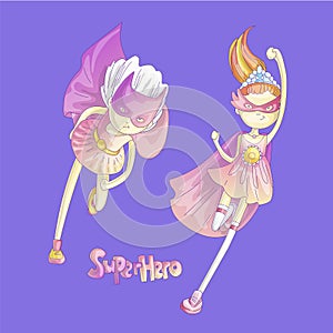 Superhero girl, little teen girl as a superhero vector cartoon illustration with gradients. Super hero flying through