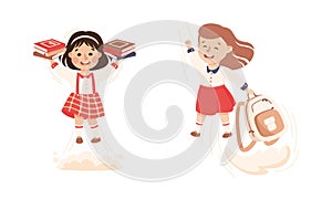 Superhero Girl at School Flying Forward Achieving Goal and Gaining Knowledge Vector Set