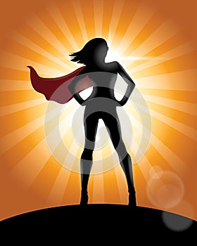 Superhero Girl Standing with Cape Waving in the Wind Silhouette