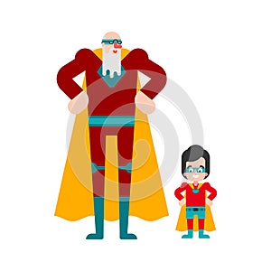 Superhero Grandfather and grandson. Super granddad in Cloak and mask. Superpowers old man. Cartoon style vector photo