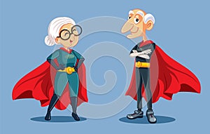 Superhero Grandma and Grandpa Standing Together Vector Cartoon