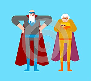 Superhero grandparents and dog. Super grandparent in Cloak and mask. Superpowers old man. Grandfather and grandmother Cartoon