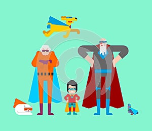 Superhero grandparents and grandson. Super grandparent in Cloak and mask. Superpowers old man. Grandfather and grandmother Cartoon photo