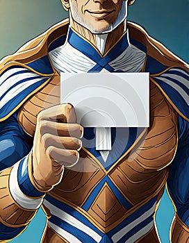 Superhero holding blank business card