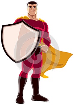 Superhero Holding Shield on White Background