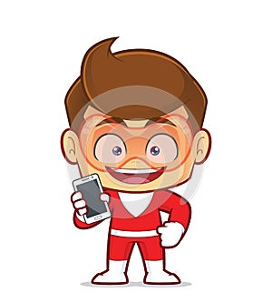Superhero holding smartphone