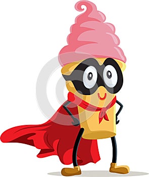 Superhero Ice-Cream Wearing Cape and Mask Vector Cartoon Illustration