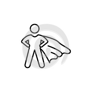 Superhero icon, proud man, pose brave person with cape, strong hero, super power, thin line symbol on white background -