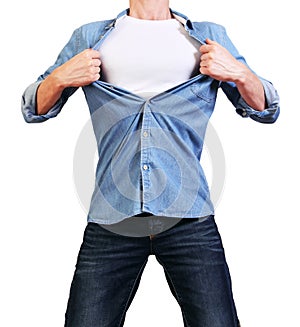 Superhero. Image of man tearing his shirt off isolated on