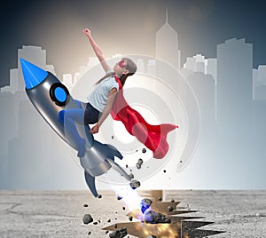 Superhero kid flying on rocket