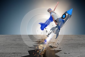 The superhero kid flying on rocket