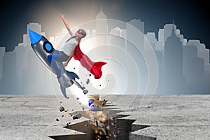 The superhero kid flying on rocket