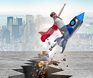 Superhero kid flying on rocket