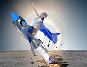 Superhero kid flying on rocket