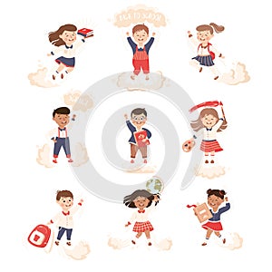 Superhero Kid at School Flying Forward Achieving Goal and Gaining Knowledge Vector Set photo