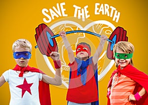 Superhero kids with blank yellow background and save the earth graphics
