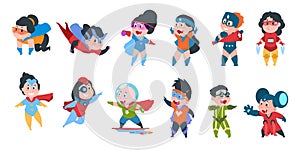 Superhero kids. Boys and girls in comic superhero costumes for party, cute children wearing colorful costumes. Vector