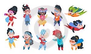 Superhero kids. Cartoon boys and girls characters in superhero comic costumes, cute children playing. Vector kids