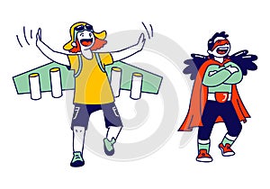 Superhero Kids Characters Rejoice and Having Fun. Little Boy Wearing Pilot Costume with Wings and Girl in Red Cape