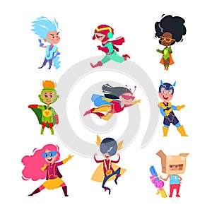 Superhero kids. Children wearing in superheroes costumes. Carton cosplay vector characters set