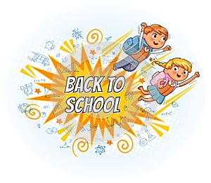 Superhero kids fly to school. Explosion with comic style