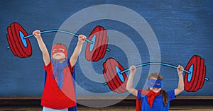 Superhero kids lifting cartoon weights with blue wall