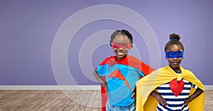 Superhero kids with purple wall