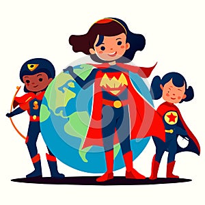 Superhero kids standing around the world. Vector illustration isolated on white background. Generative AI