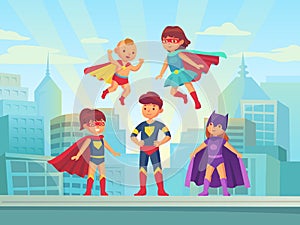 Superhero kids team. Comic hero kid in super costume with cloak on urban roof. Children superheroes vector cartoon