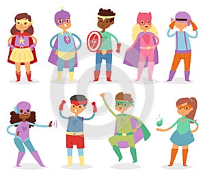 Superhero kids vector super hero child or kid in mask cartoon character of girl or boy in costume in childhood playing