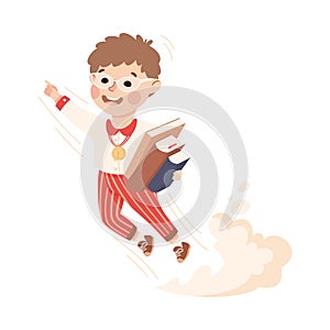 Superhero Little Boy at School Flying Forward with Books Achieving Goal and Gaining Knowledge Vector Illustration