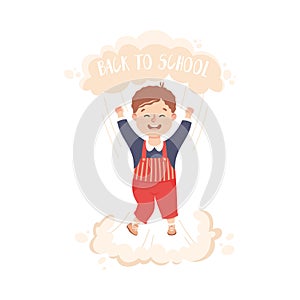 Superhero Little Boy at School Flying Up with Raised Hands Achieving Goal and Gaining Knowledge Vector Illustration