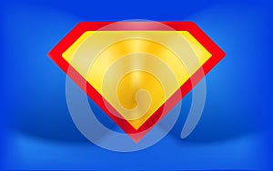 Superhero logo template. Background in the form of a man inflated chest with super abilities. Yellow red shield on a photo