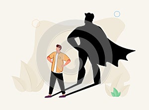 Superhero male as professional strong and brave leader tiny person concept. Everyday human with cape costume in shadow.