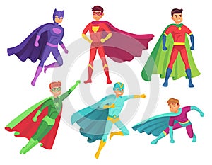 Superhero man characters. Cartoon muscular hero character in colorful super costume with waving cloak. Flying