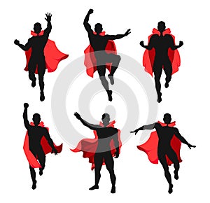 Superhero man in red cloak. Cartoon muscular male characters in disguise costumes with capes, flying and fighting