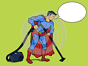 Superhero man with vacuum cleaner pop art vector