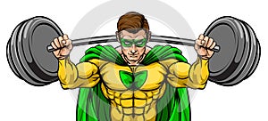 Superhero Mascot Weightlifter Lifting Big Barbell
