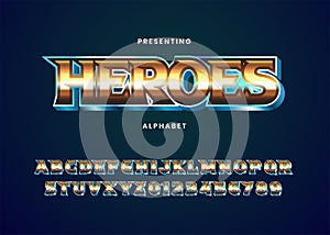 Superhero movie title text effect template. Metallic mystique font alphabet