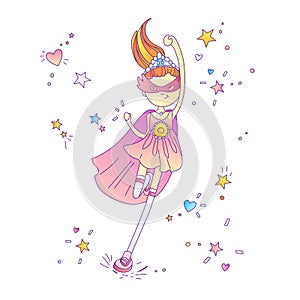 Superhero princess, little teen girl as a superhero vector cartoon illustration with gradients. Super hero girl running