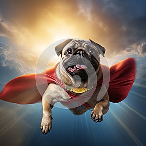 Superhero pug dog with red cape