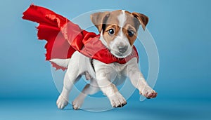 Superhero puppy in action flying in blue space, isolated on background cute dog